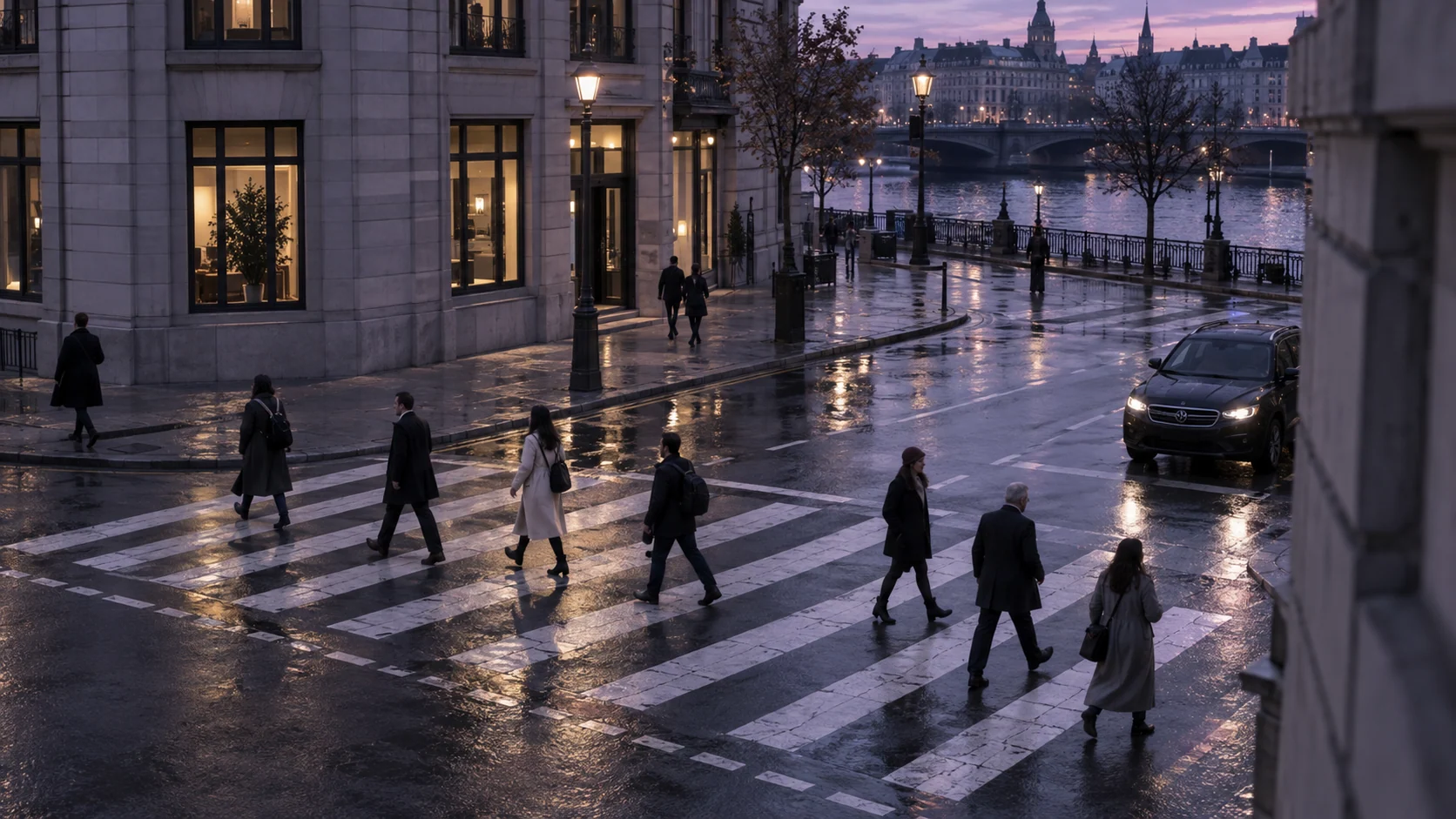 People moving through a city crossing in the evening.