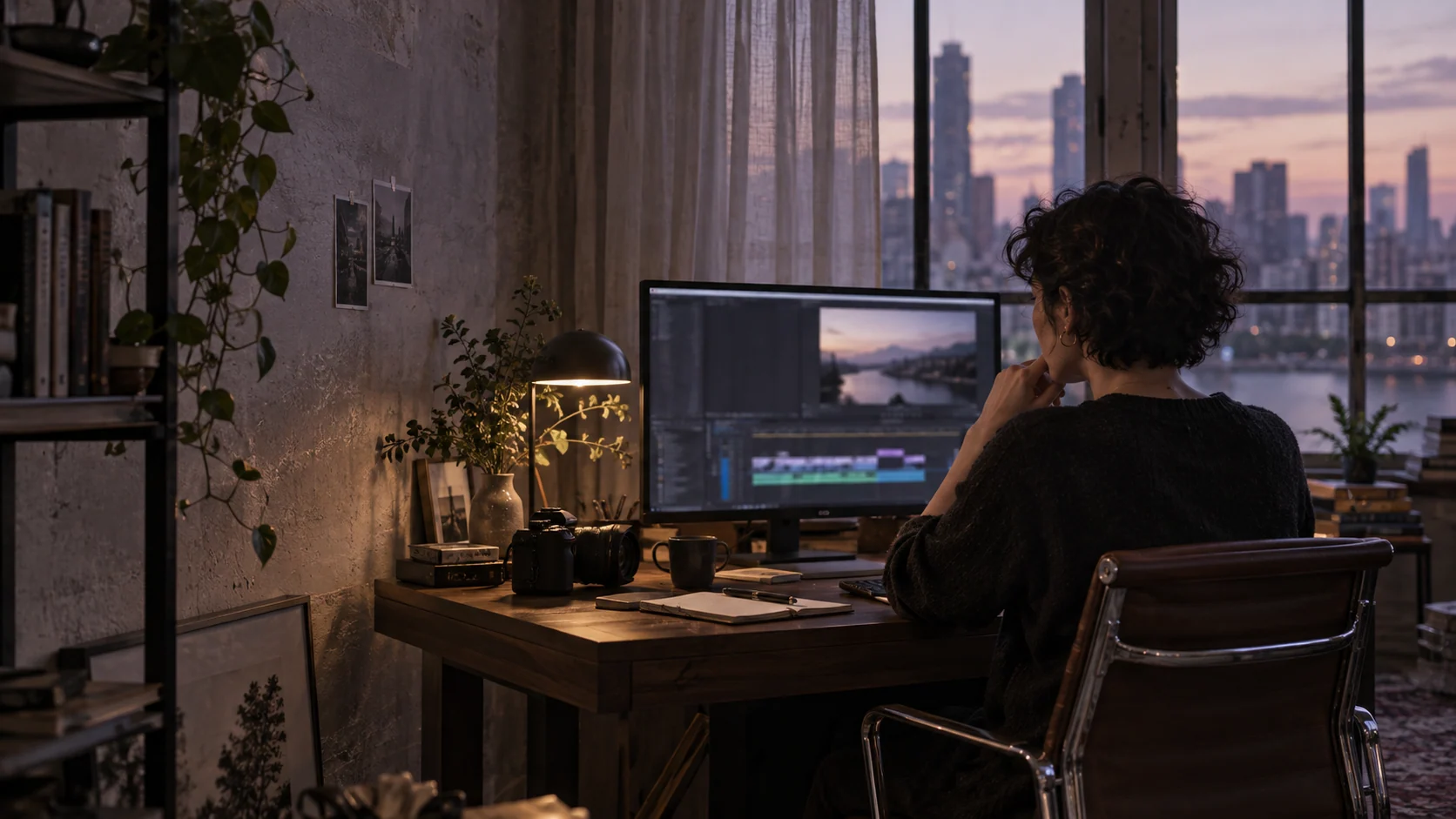 A creator working with recorded footage in an editing studio.