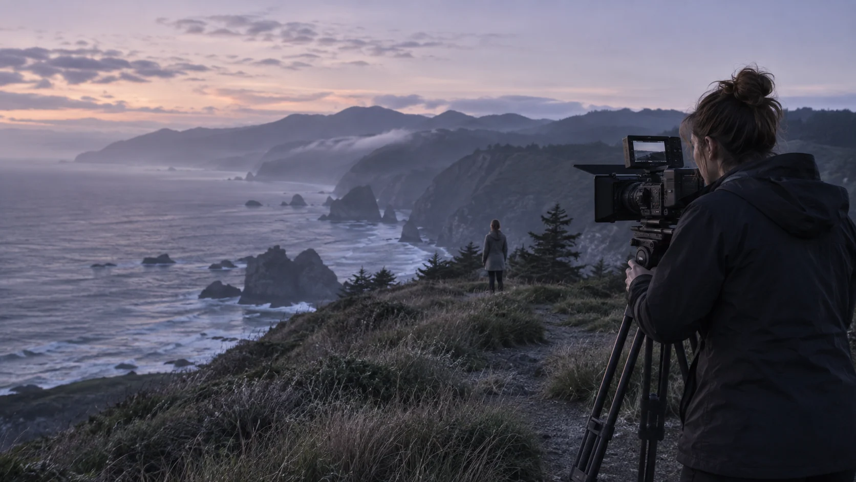 A filmmaker recording on a coastal overlook.