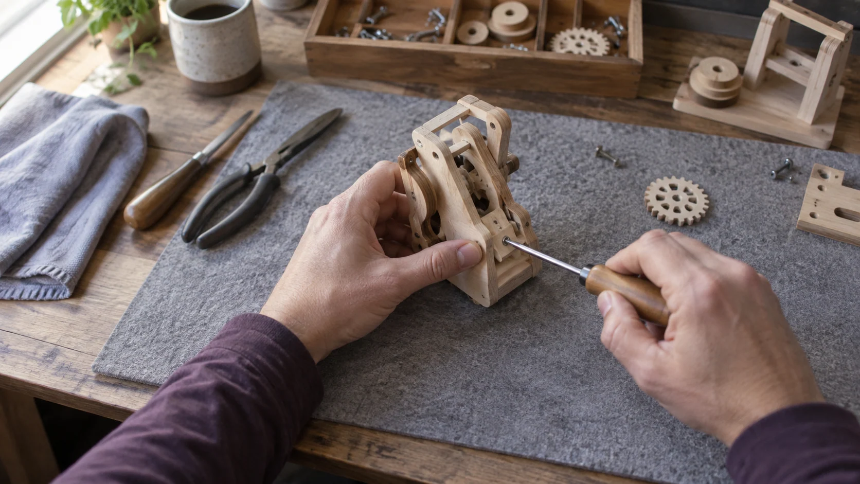 A first-person view of hands assembling a wooden mechanism.
